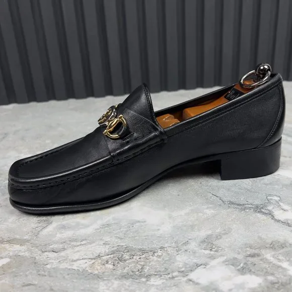 GUCCI Interlocking GG Logo Loafers Heels Black Leather 7.5 G 